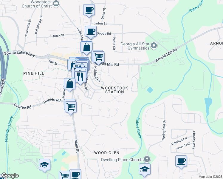 map of restaurants, bars, coffee shops, grocery stores, and more near 1125 Cousins Road in Woodstock