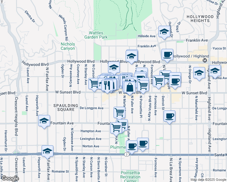 map of restaurants, bars, coffee shops, grocery stores, and more near 7439 Sunset Boulevard in Los Angeles