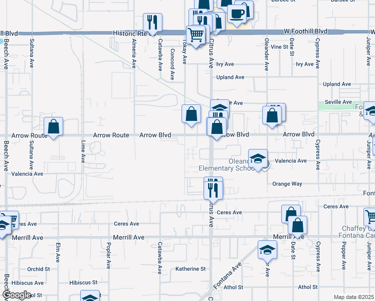 map of restaurants, bars, coffee shops, grocery stores, and more near 16010 Valencia Court in Fontana