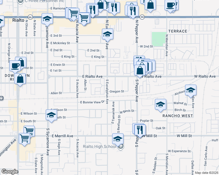 map of restaurants, bars, coffee shops, grocery stores, and more near 175 South Eucalyptus Avenue in Rialto