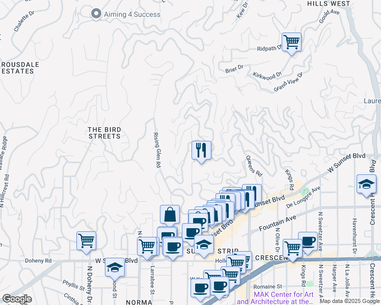 map of restaurants, bars, coffee shops, grocery stores, and more near 1512 Sunset Plaza Drive in Los Angeles