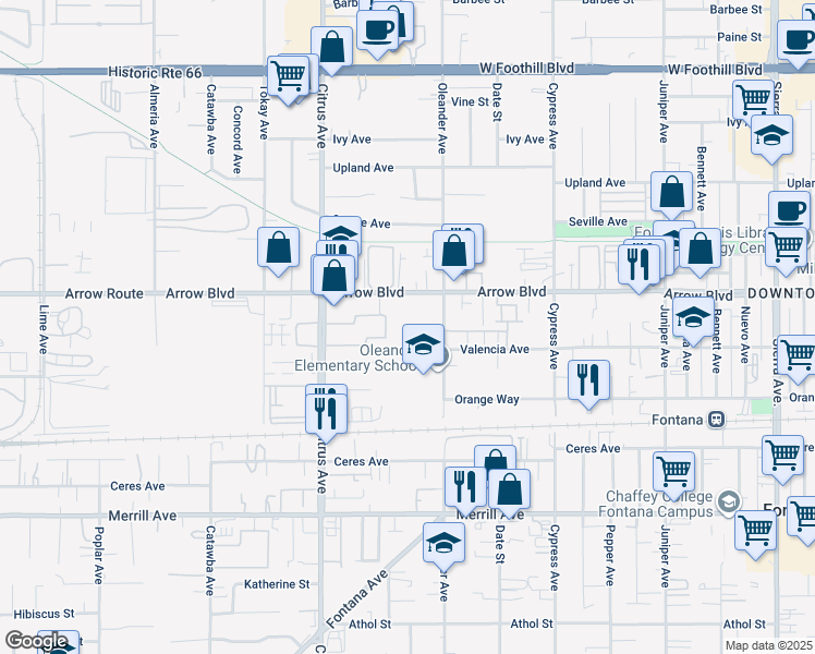 map of restaurants, bars, coffee shops, grocery stores, and more near 16225 Arrow Boulevard in Fontana
