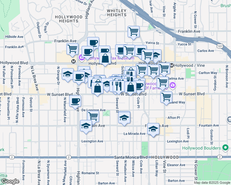 map of restaurants, bars, coffee shops, grocery stores, and more near 6611 Sunset Boulevard in Los Angeles