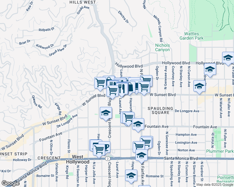 map of restaurants, bars, coffee shops, grocery stores, and more near 8033 Sunset Boulevard in Los Angeles