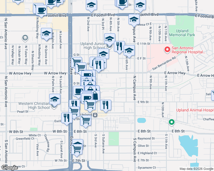 map of restaurants, bars, coffee shops, grocery stores, and more near 436 D Street in Upland