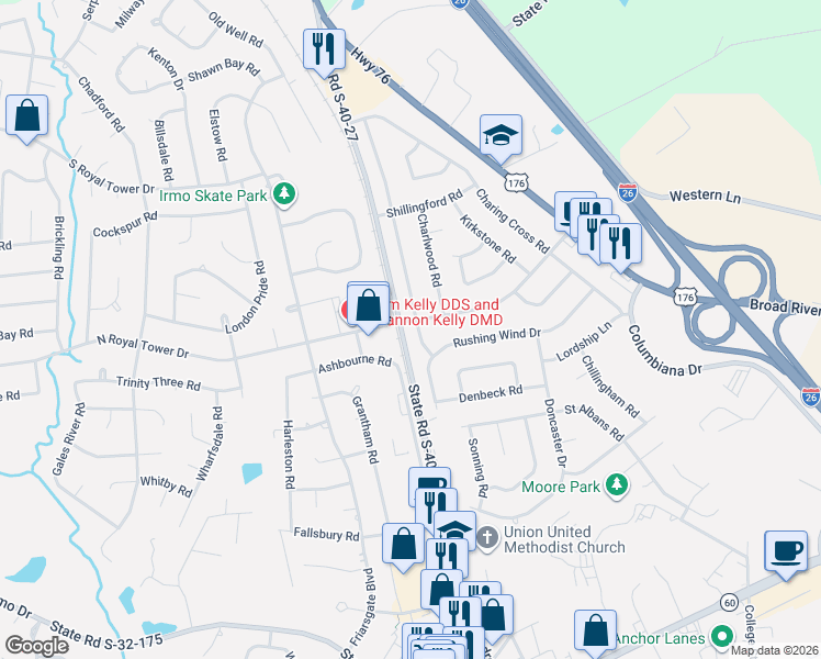 map of restaurants, bars, coffee shops, grocery stores, and more near 306 Boulters Lock Road in Irmo