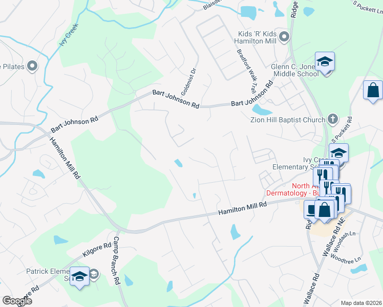 map of restaurants, bars, coffee shops, grocery stores, and more near 3587 Bendleton Drive in Buford