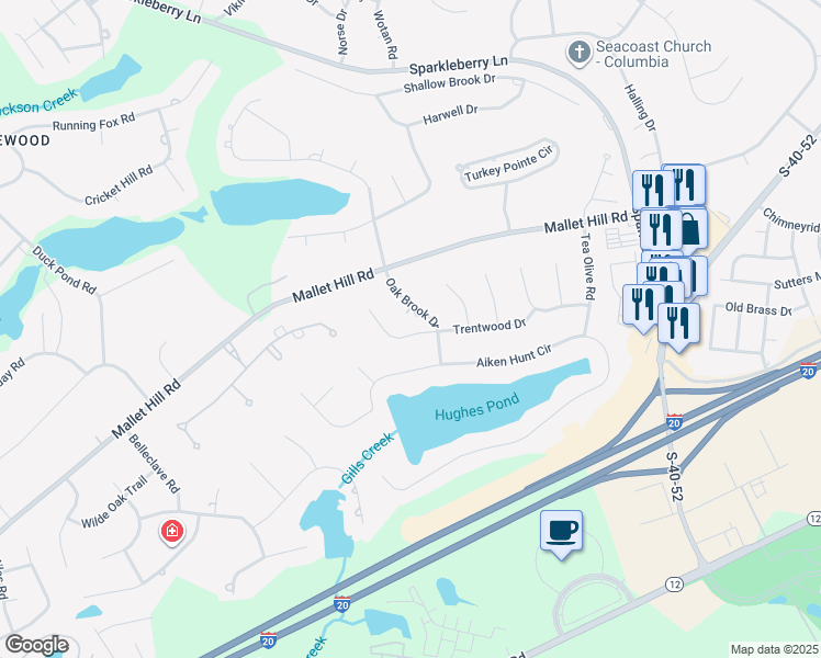 map of restaurants, bars, coffee shops, grocery stores, and more near 304 Trentwood Drive in Columbia