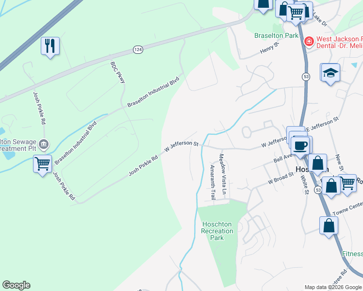 map of restaurants, bars, coffee shops, grocery stores, and more near 621 West Jefferson Street in Hoschton