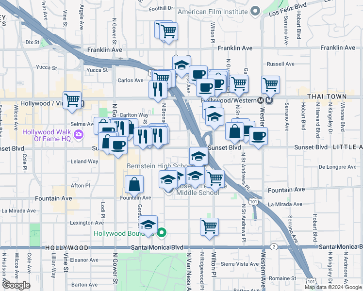 map of restaurants, bars, coffee shops, grocery stores, and more near 5825 Sunset Boulevard in Los Angeles