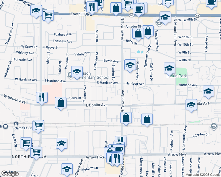 map of restaurants, bars, coffee shops, grocery stores, and more near 2886 Foxtail Way in Pomona