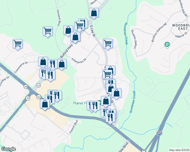 map of restaurants, bars, coffee shops, grocery stores, and more near 1834 Sturgeon Road in Buford