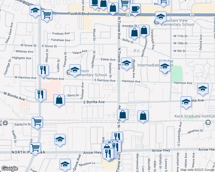 map of restaurants, bars, coffee shops, grocery stores, and more near 2886 Foxtail Way in Pomona