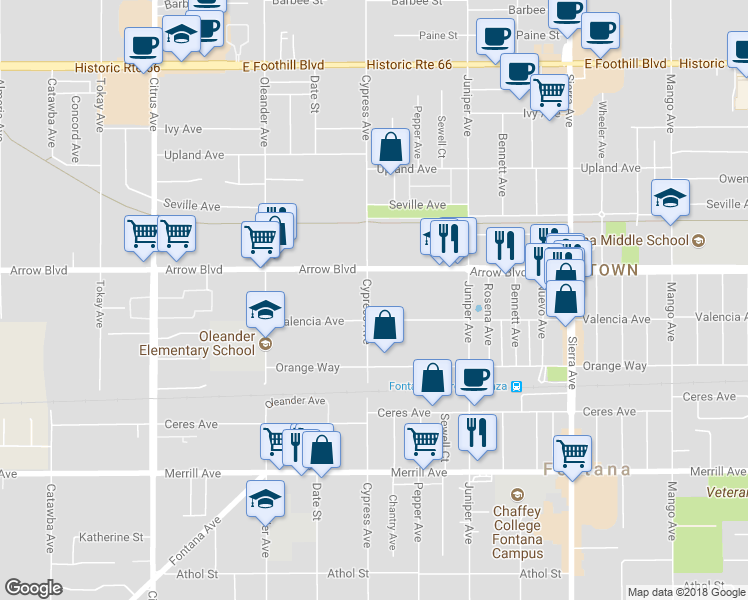map of restaurants, bars, coffee shops, grocery stores, and more near 8551 Cypress Avenue in Fontana