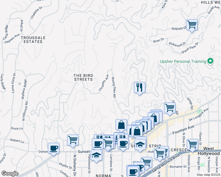 map of restaurants, bars, coffee shops, grocery stores, and more near 8818 Rising Glen Place in Los Angeles