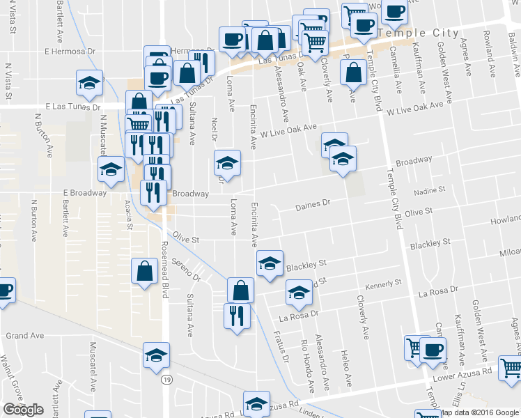 map of restaurants, bars, coffee shops, grocery stores, and more near 5454 Encinita Avenue in Temple City