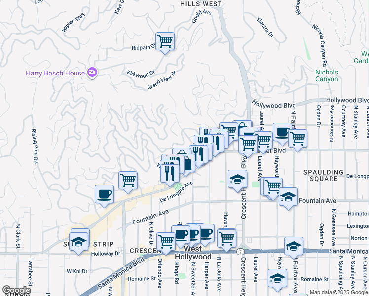map of restaurants, bars, coffee shops, grocery stores, and more near 8368 Hollywood Boulevard in Los Angeles