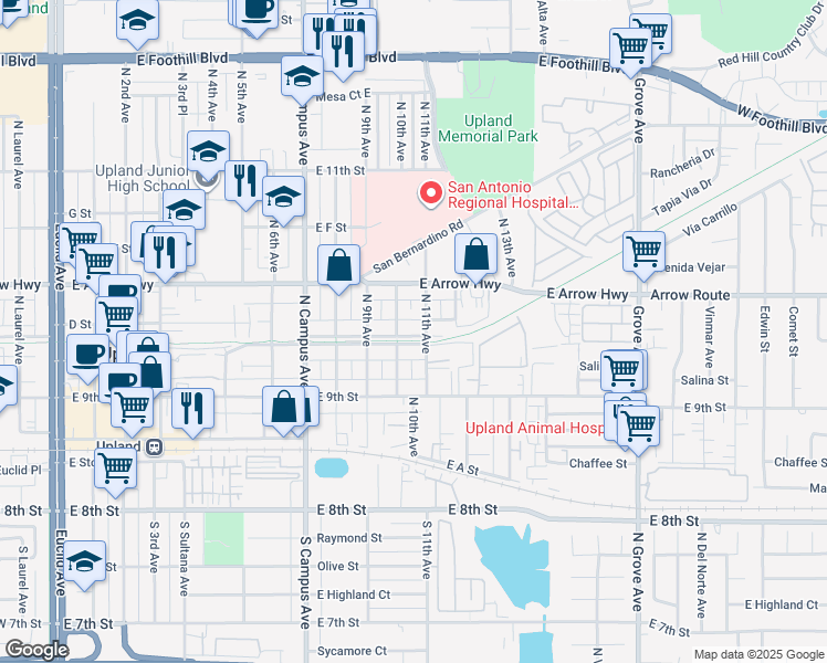 map of restaurants, bars, coffee shops, grocery stores, and more near 1051 East Washington Boulevard in Upland
