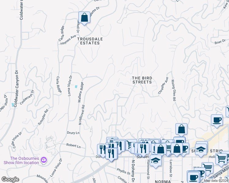map of restaurants, bars, coffee shops, grocery stores, and more near 9275 Flicker Place in Los Angeles