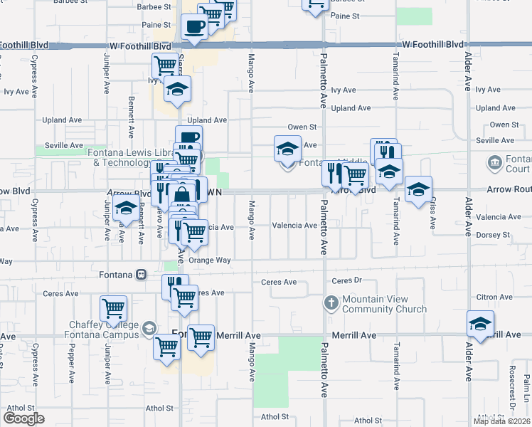 map of restaurants, bars, coffee shops, grocery stores, and more near 8572 Kempster Avenue in Fontana