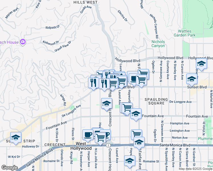 map of restaurants, bars, coffee shops, grocery stores, and more near 8098 Selma Avenue in Los Angeles