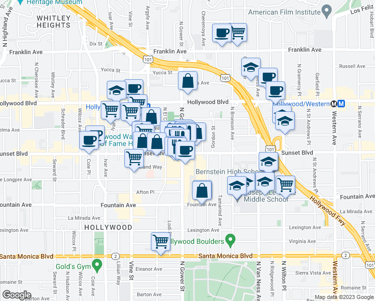 map of restaurants, bars, coffee shops, grocery stores, and more near 1/2 Sunset Boulevard in Los Angeles