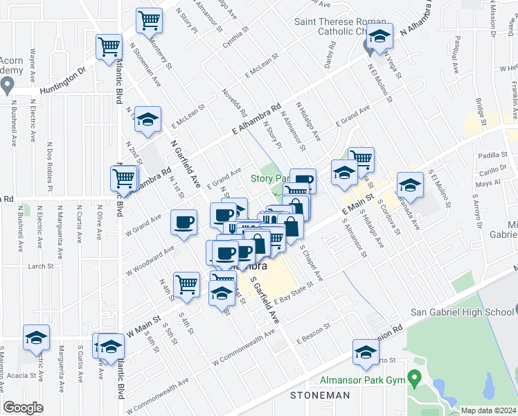 map of restaurants, bars, coffee shops, grocery stores, and more near 209 North Monterey Street in Alhambra