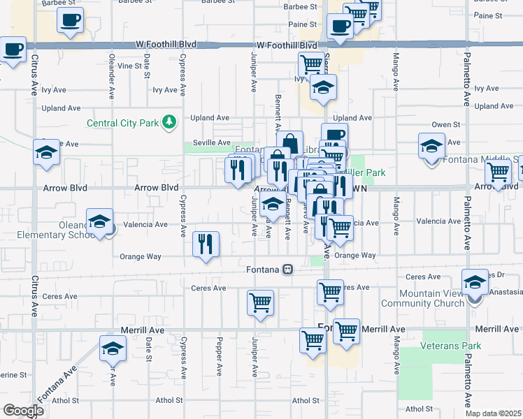 map of restaurants, bars, coffee shops, grocery stores, and more near 8557 Juniper Avenue in Fontana