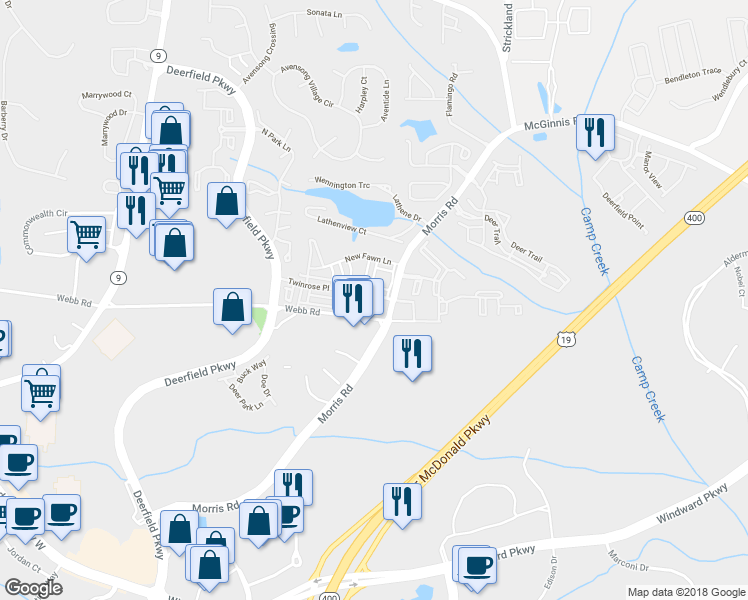 map of restaurants, bars, coffee shops, grocery stores, and more near 3393 Twinrose Place in Alpharetta