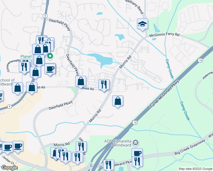 map of restaurants, bars, coffee shops, grocery stores, and more near 655 Greencrest Lane in Alpharetta