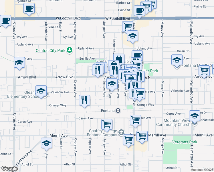 map of restaurants, bars, coffee shops, grocery stores, and more near 8557 Juniper Avenue in Fontana