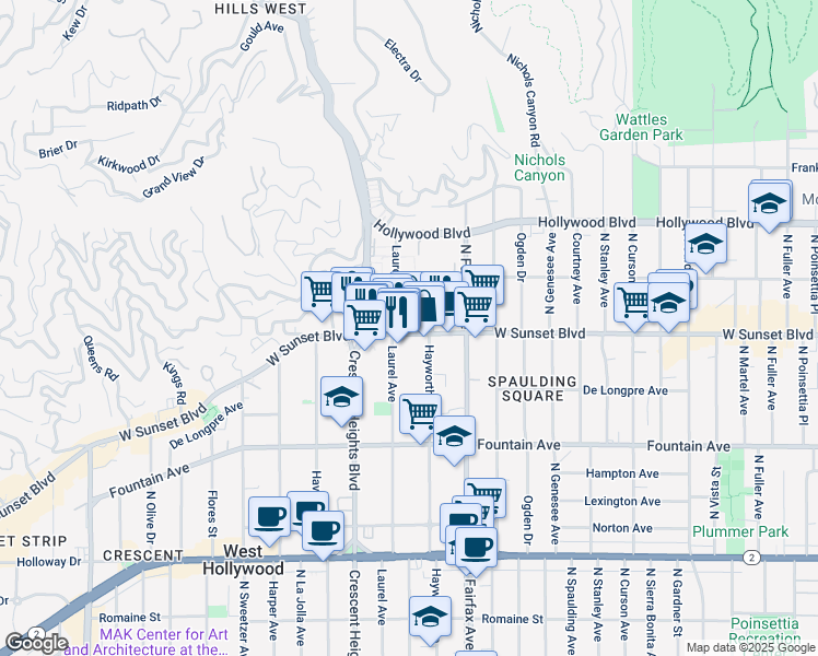 map of restaurants, bars, coffee shops, grocery stores, and more near 103 Sunset Boulevard in Los Angeles