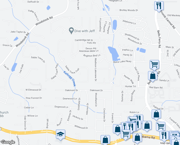 map of restaurants, bars, coffee shops, grocery stores, and more near 159 Sable Trace Trail in Acworth