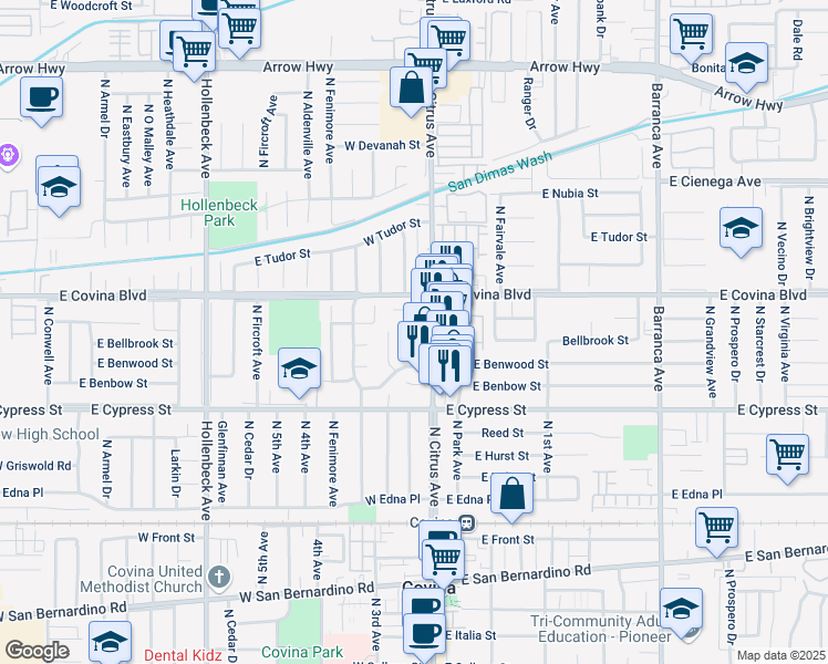 map of restaurants, bars, coffee shops, grocery stores, and more near 1029 Star Ruby Drive in Covina