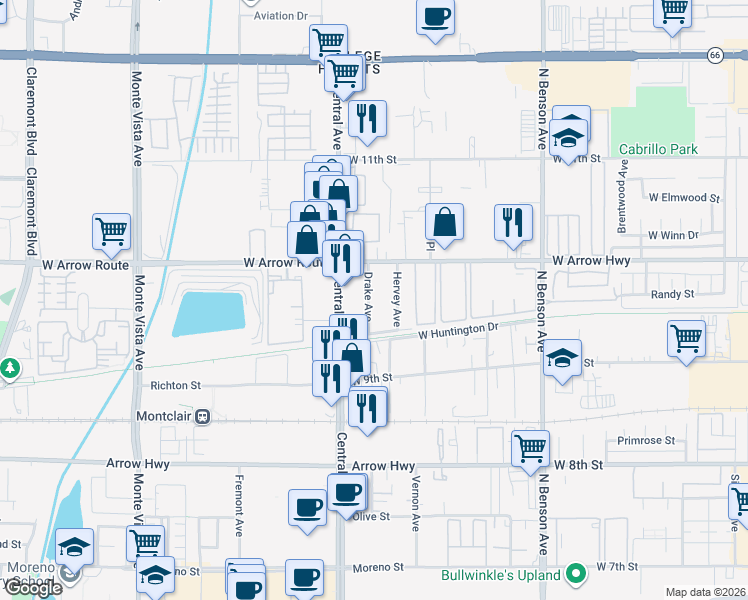 map of restaurants, bars, coffee shops, grocery stores, and more near 377 Drake Avenue in Upland