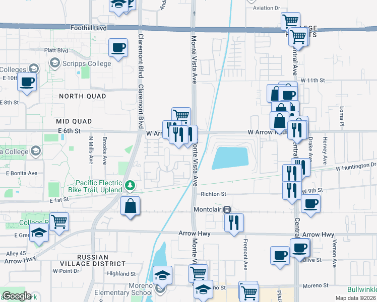 map of restaurants, bars, coffee shops, grocery stores, and more near 2420 West Arrow Route in Upland