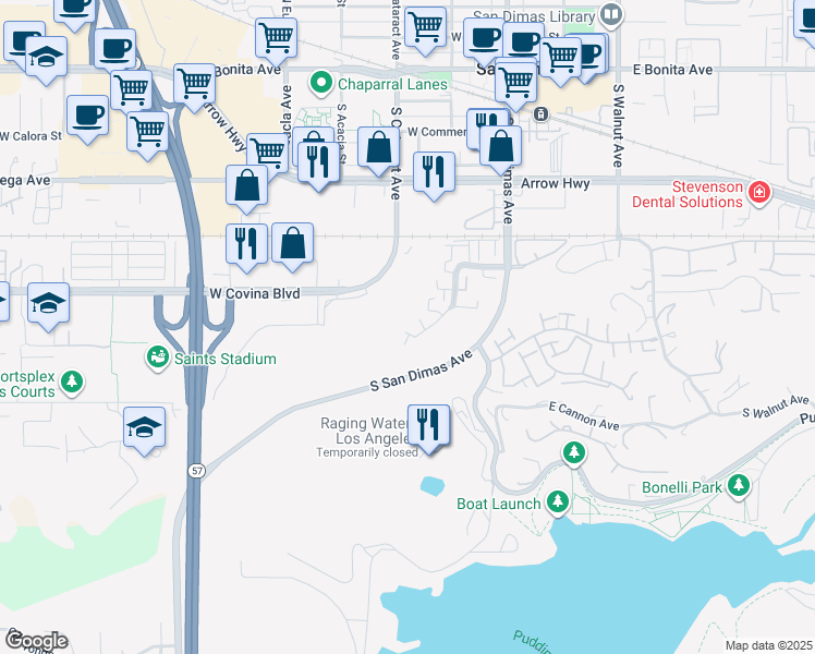 map of restaurants, bars, coffee shops, grocery stores, and more near 807 South San Carlos Court in San Dimas