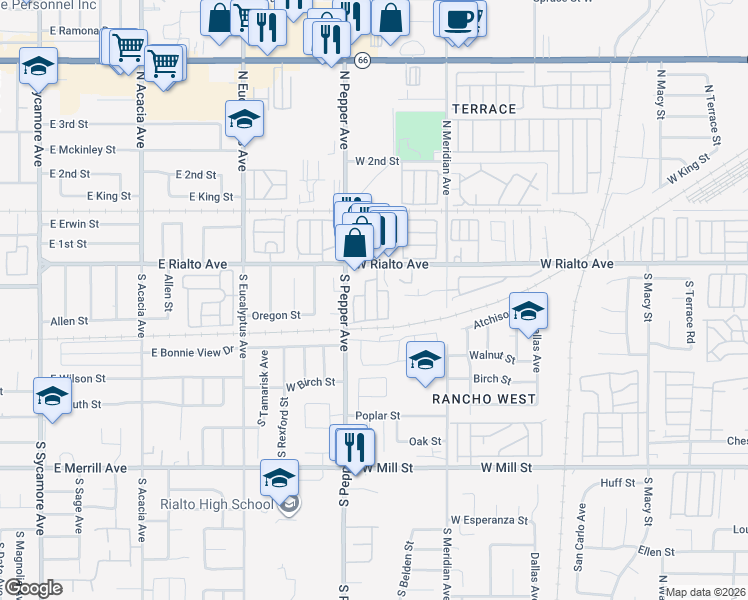 map of restaurants, bars, coffee shops, grocery stores, and more near 2865 West Rialto Avenue in Rialto