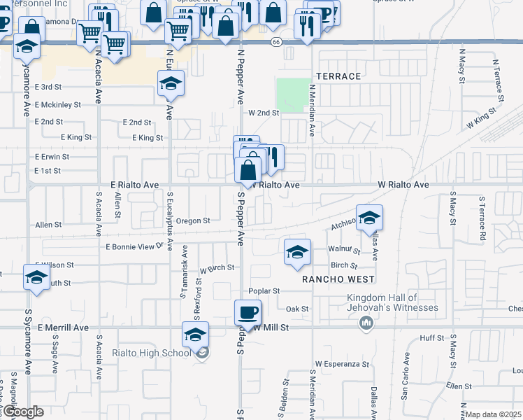 map of restaurants, bars, coffee shops, grocery stores, and more near 2865 West Rialto Avenue in Rialto