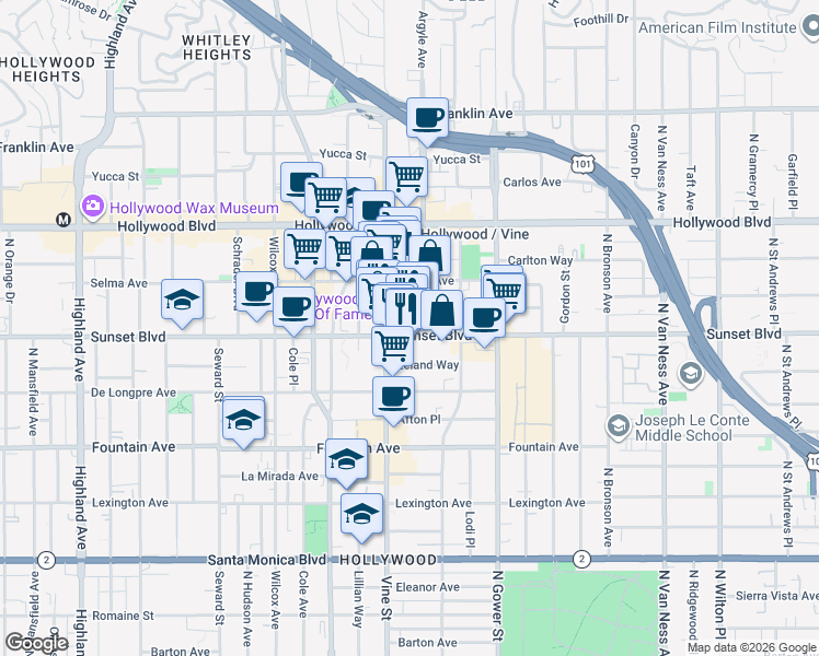 map of restaurants, bars, coffee shops, grocery stores, and more near 6255 Sunset Boulevard in Los Angeles