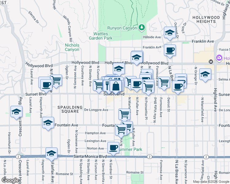 map of restaurants, bars, coffee shops, grocery stores, and more near in Los Angeles
