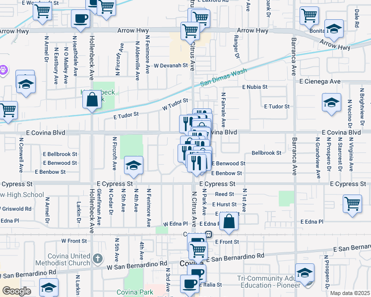 map of restaurants, bars, coffee shops, grocery stores, and more near 1029 Star Ruby Drive in Covina