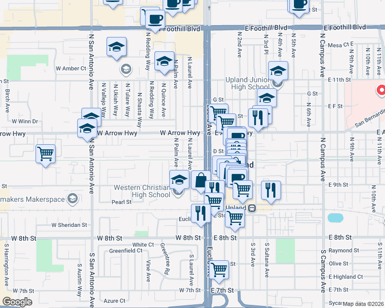 map of restaurants, bars, coffee shops, grocery stores, and more near 93 West Vernon Drive in Upland