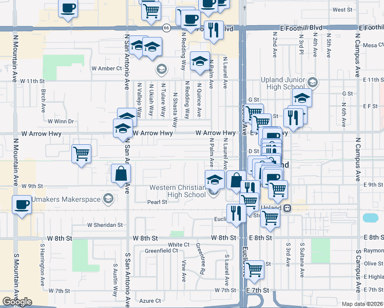 map of restaurants, bars, coffee shops, grocery stores, and more near 343 West Vernon Drive in Upland