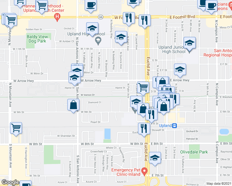 map of restaurants, bars, coffee shops, grocery stores, and more near 343 West Vernon Drive in Upland