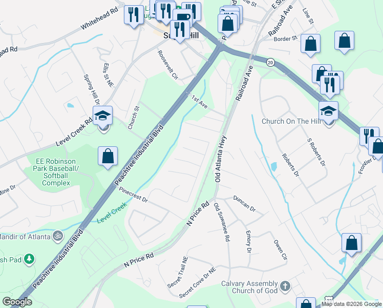 map of restaurants, bars, coffee shops, grocery stores, and more near 4645 Pine Isle Way in Sugar Hill