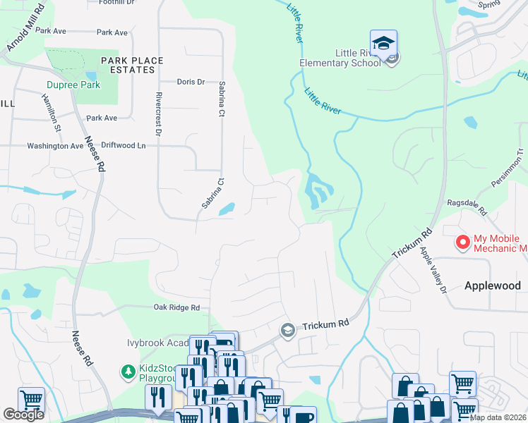 map of restaurants, bars, coffee shops, grocery stores, and more near 1506 Korona Court in Woodstock