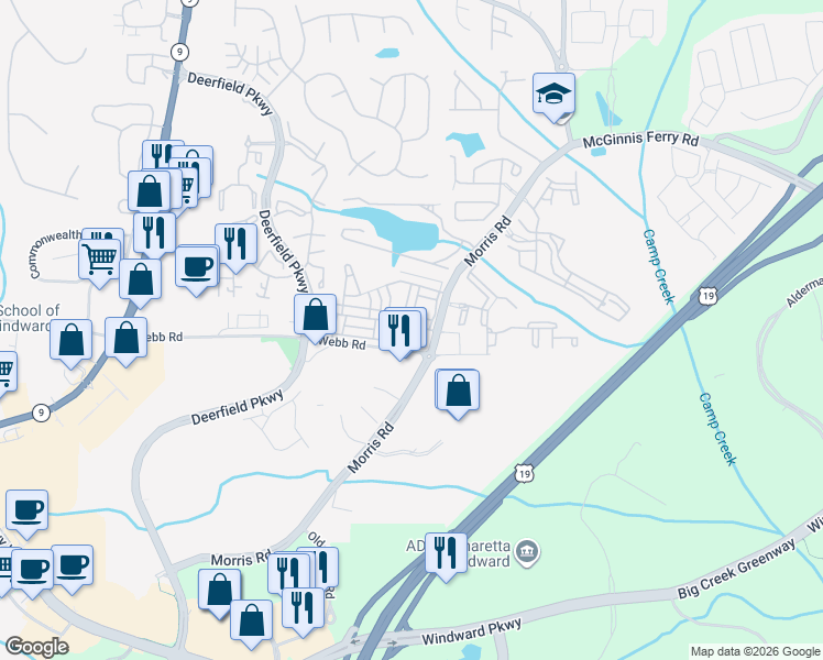 map of restaurants, bars, coffee shops, grocery stores, and more near 3385 Twinrose Place in Alpharetta