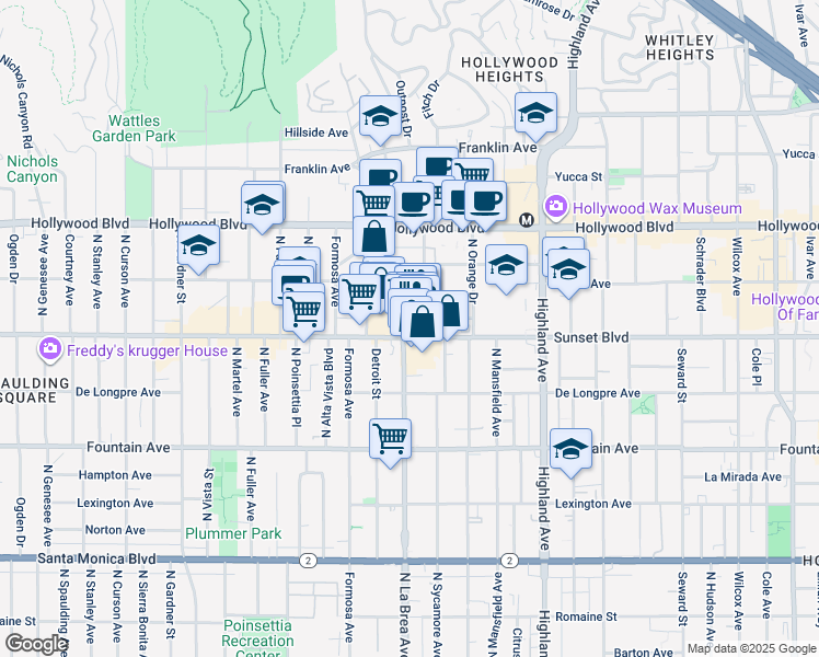 map of restaurants, bars, coffee shops, grocery stores, and more near 7079 Sunset Boulevard in Los Angeles