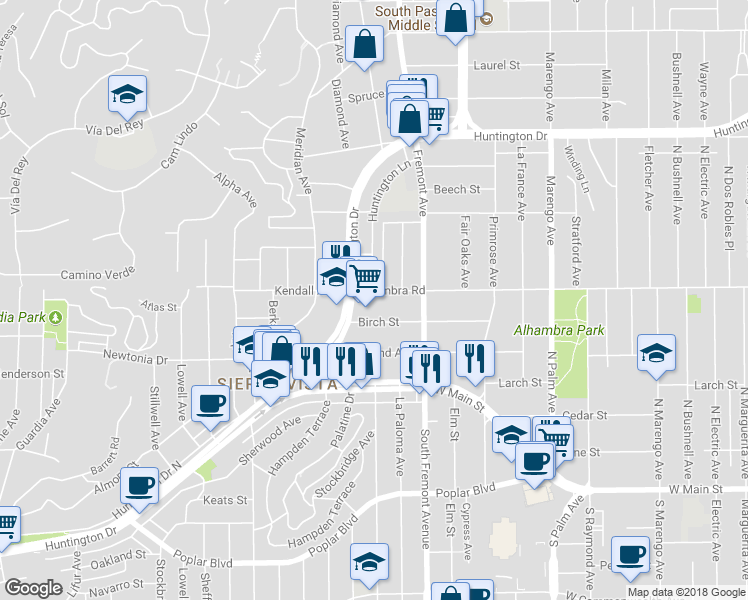 map of restaurants, bars, coffee shops, grocery stores, and more near 2800 Alhambra Road in Alhambra
